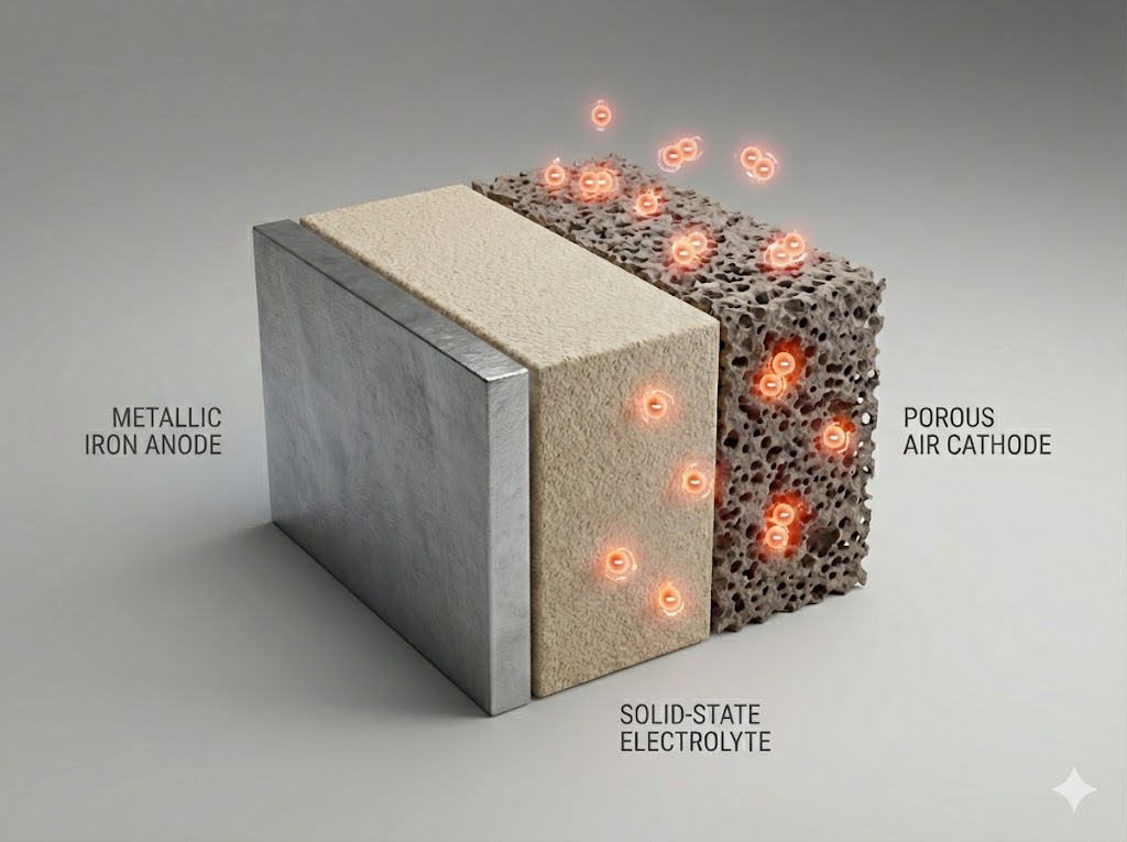 全固态铁空气电池内部构造3D示意图 - 固态正极、电解质、负极